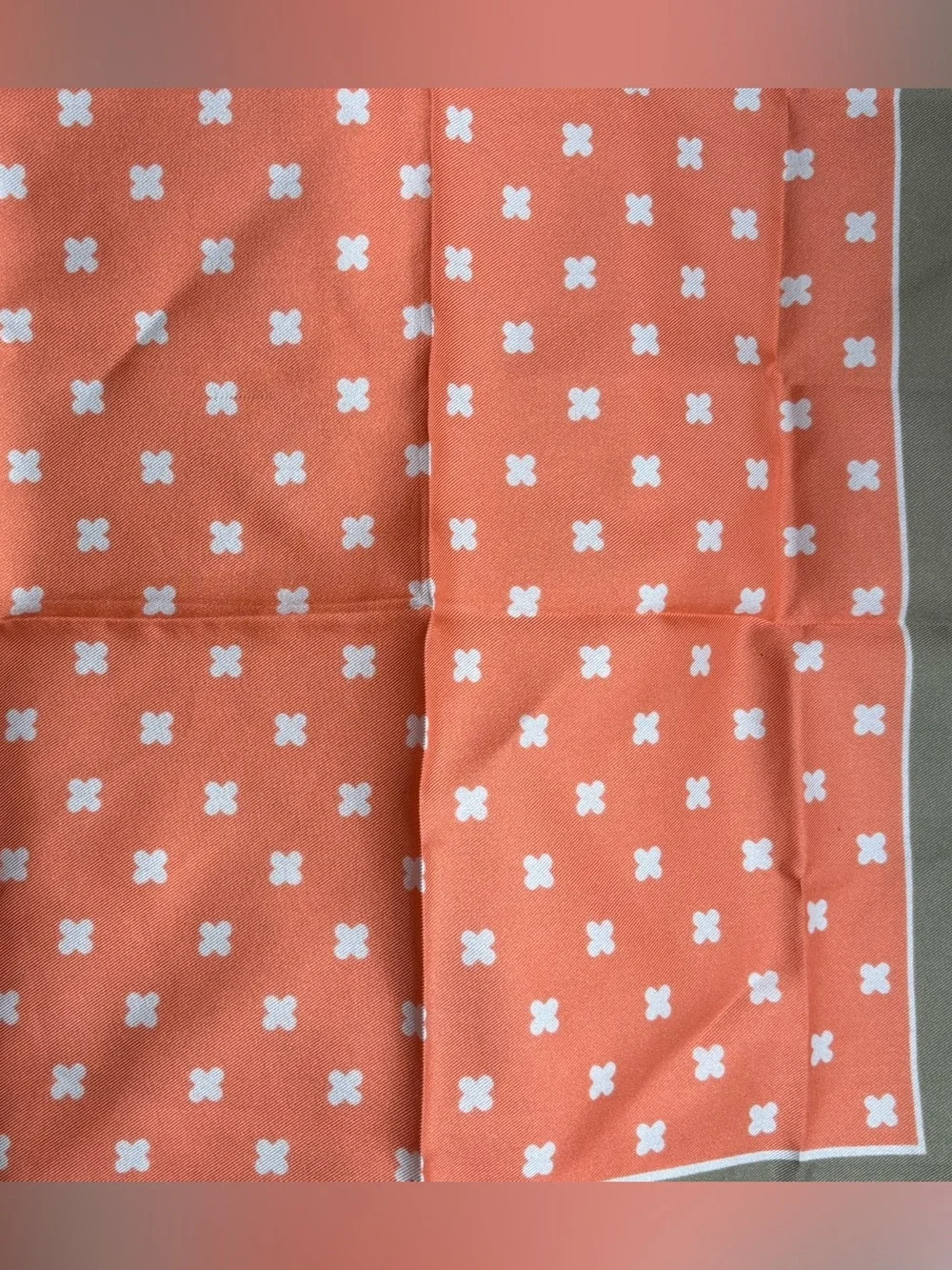 VINTAGE Orange & Tan Square Scarf, Italy, clover motif, est 70s, 80s, 90s